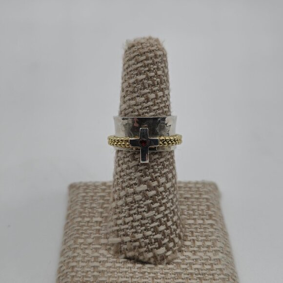 Size 6.75 Sterling Silver Garnet Gem Cross Spinner Anxiety Ring A3526 - Picture 1 of 9